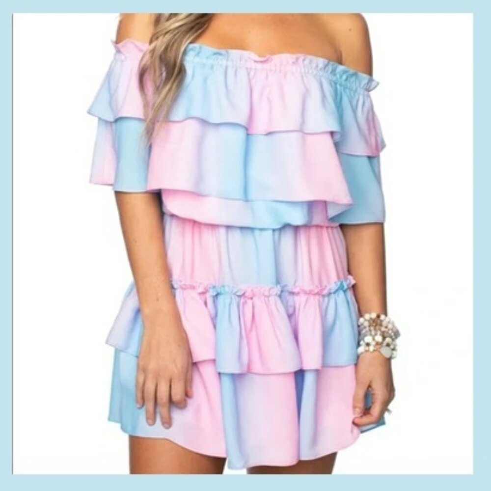 Buddy Love Ruffled Off the Shoulder Blue Pink Kiera Mini Dress Sz L